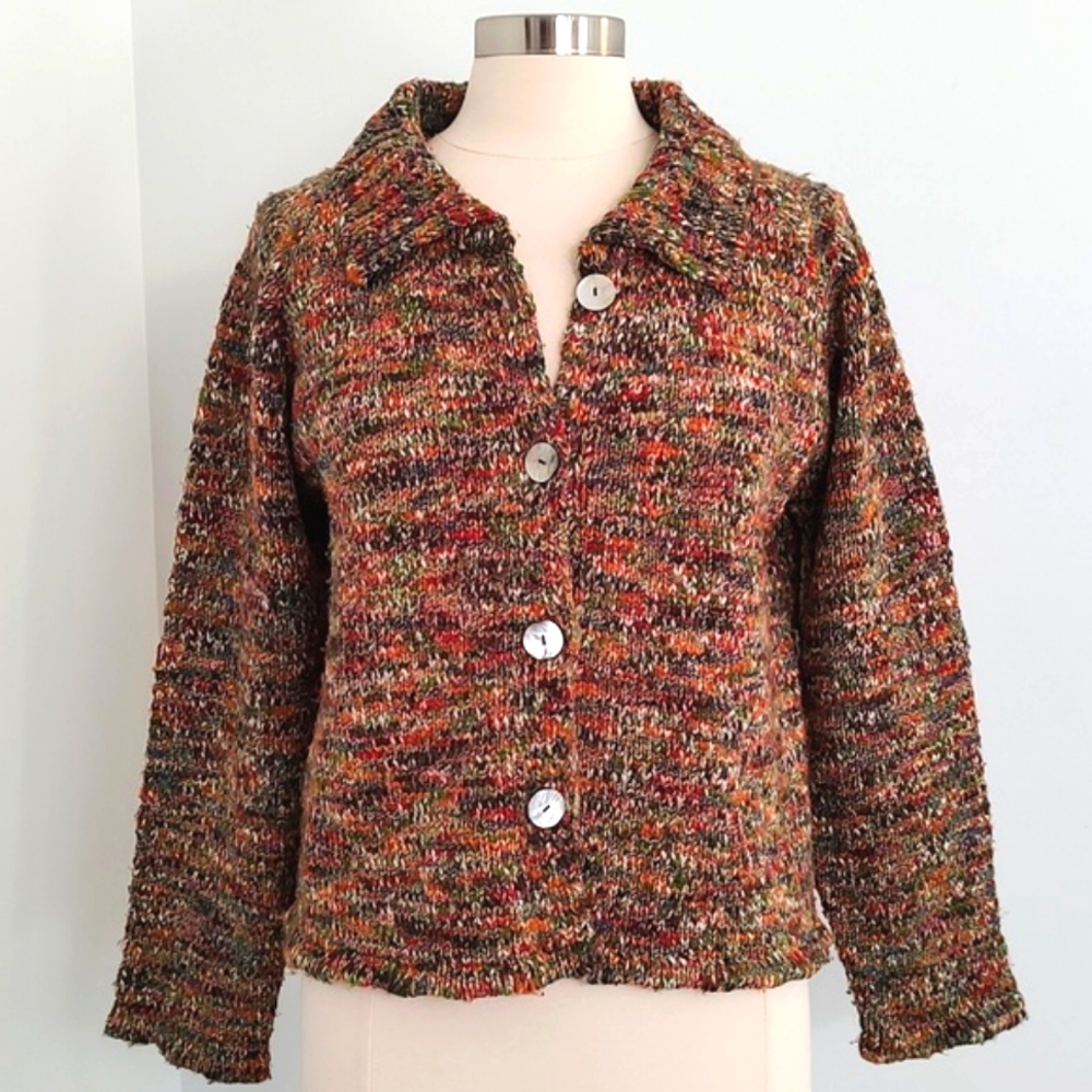 Wind River Earth Tone Knit w/ Abalone Shell Buttons Cardigan Sweater/Size M-L